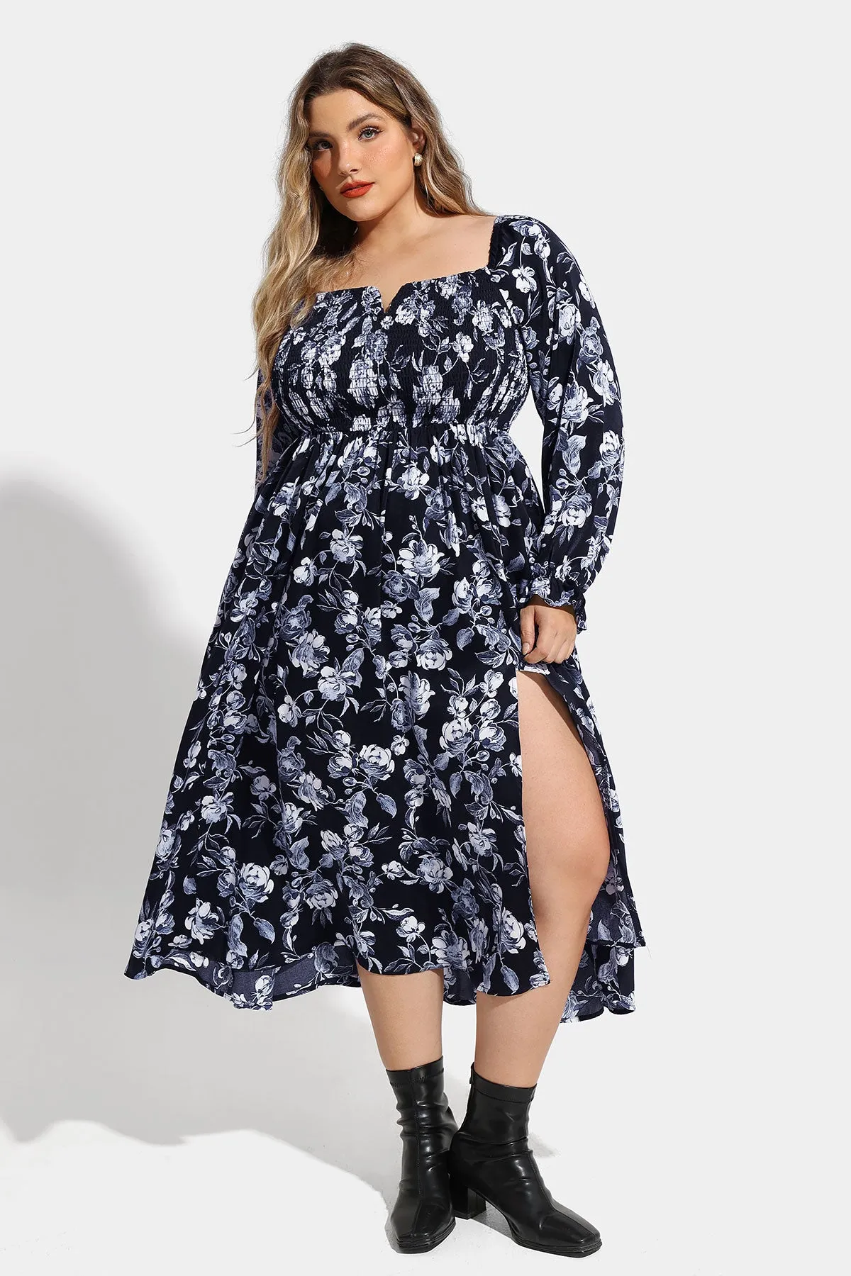 Pocket Floral Print Off-Shoulder Slit Midi Dress