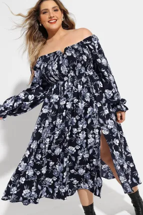 Pocket Floral Print Off-Shoulder Slit Midi Dress