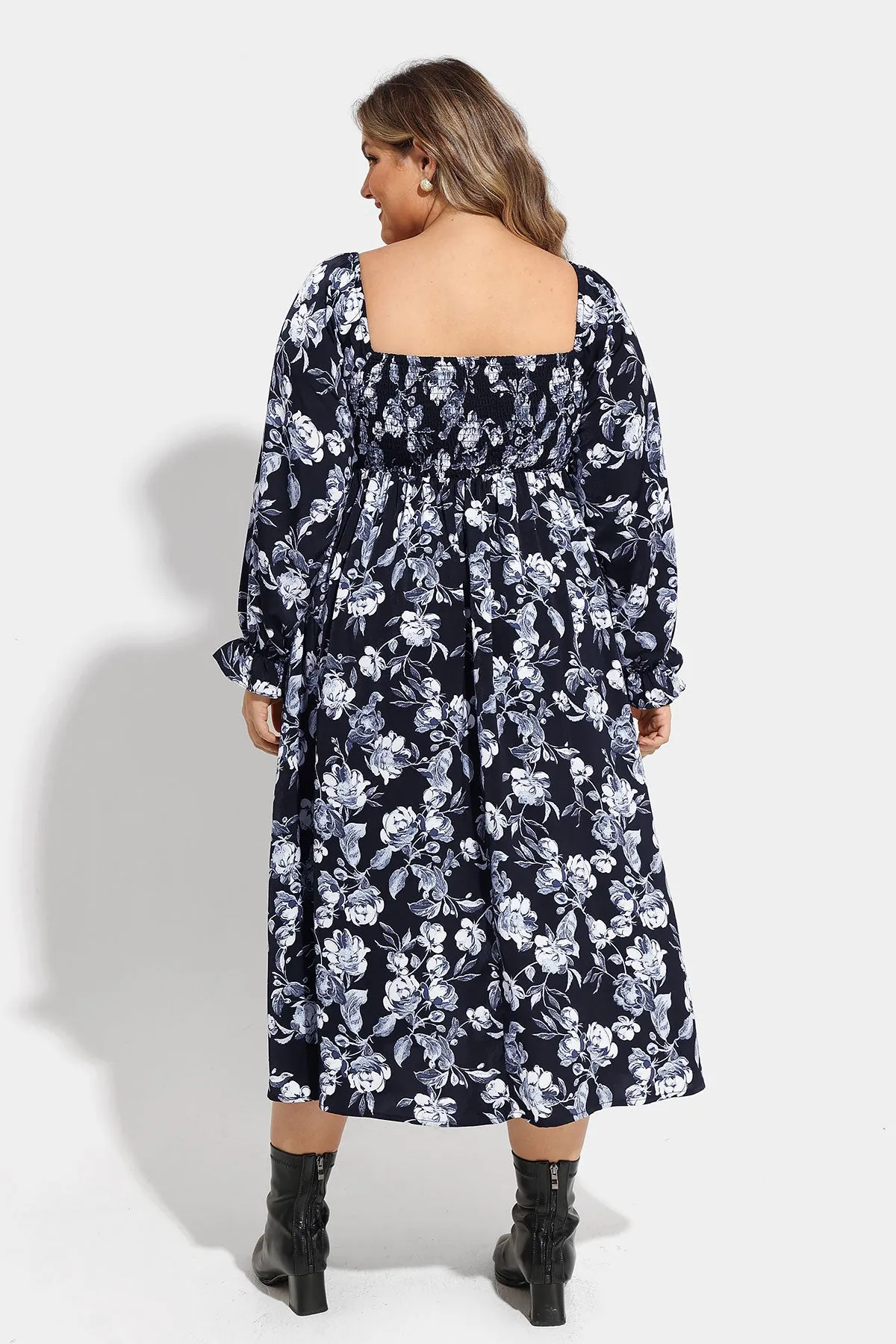 Pocket Floral Print Off-Shoulder Slit Midi Dress