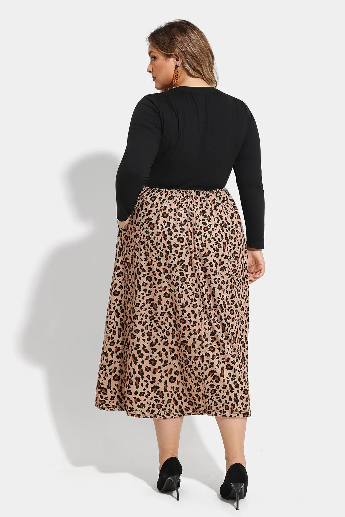 Pocket Leopard Print Elastic Waist V Neck Midi Dress