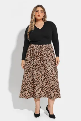 Pocket Leopard Print Elastic Waist V Neck Midi Dress