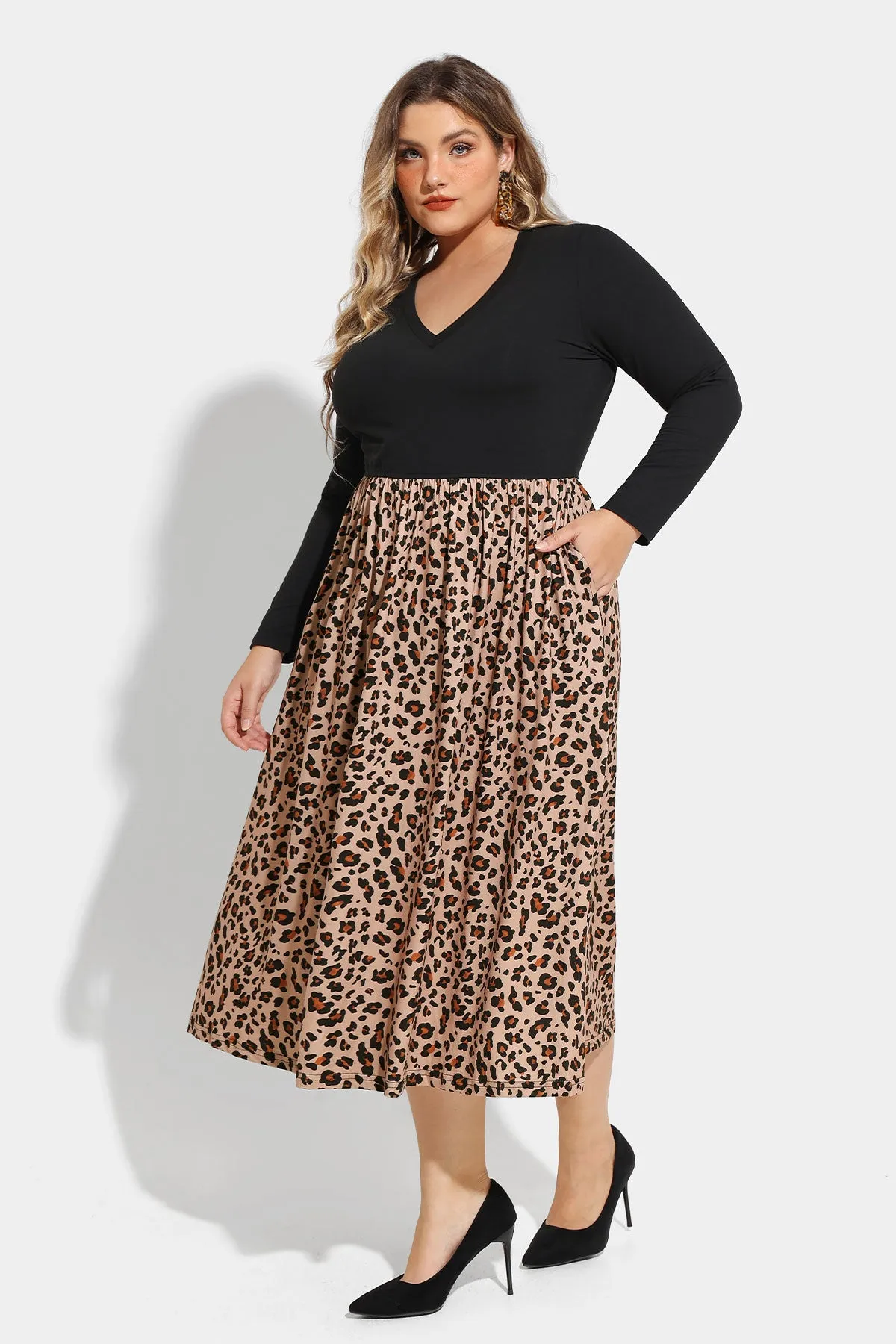 Pocket Leopard Print Elastic Waist V Neck Midi Dress