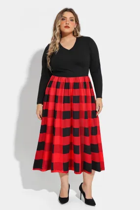 Pocket Patchwork Plaid Elastic Waist Midi Dress