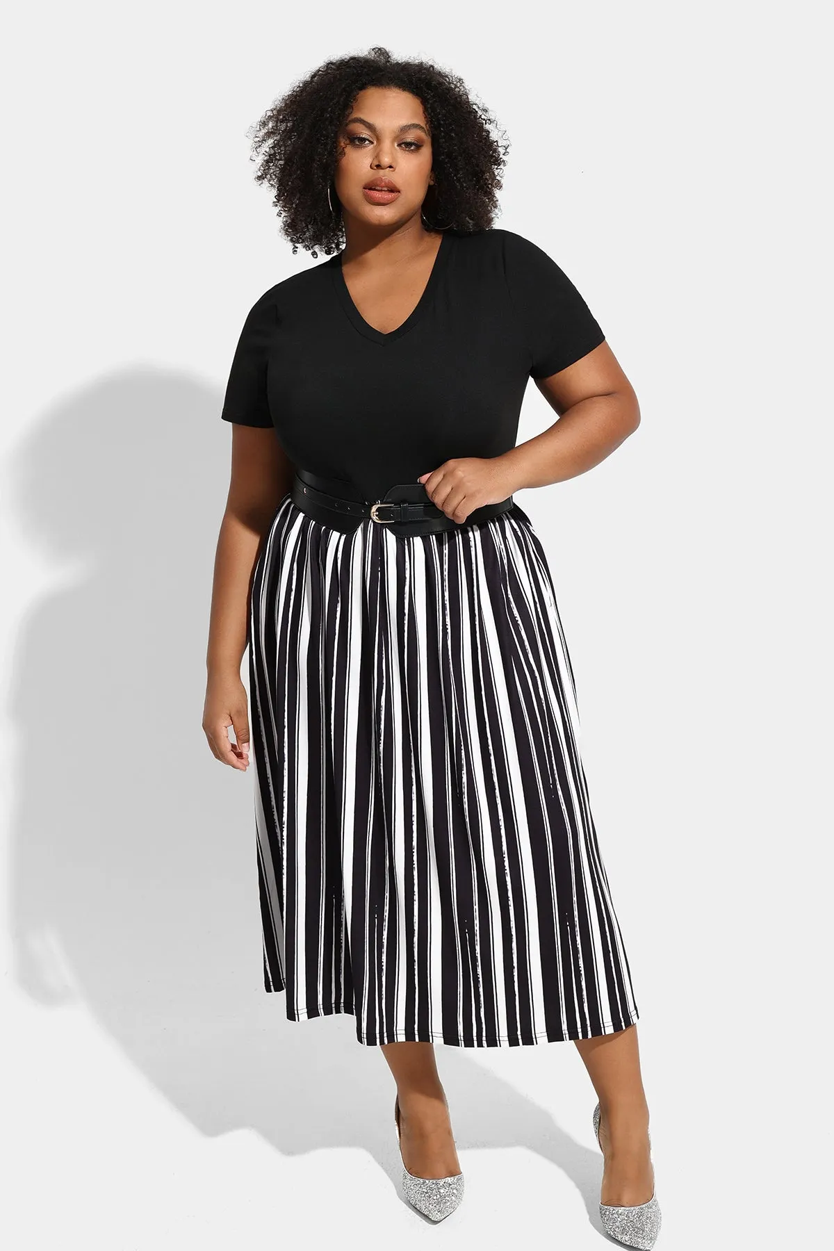 Pocket Patchwork Striped V Neck Midi Dress