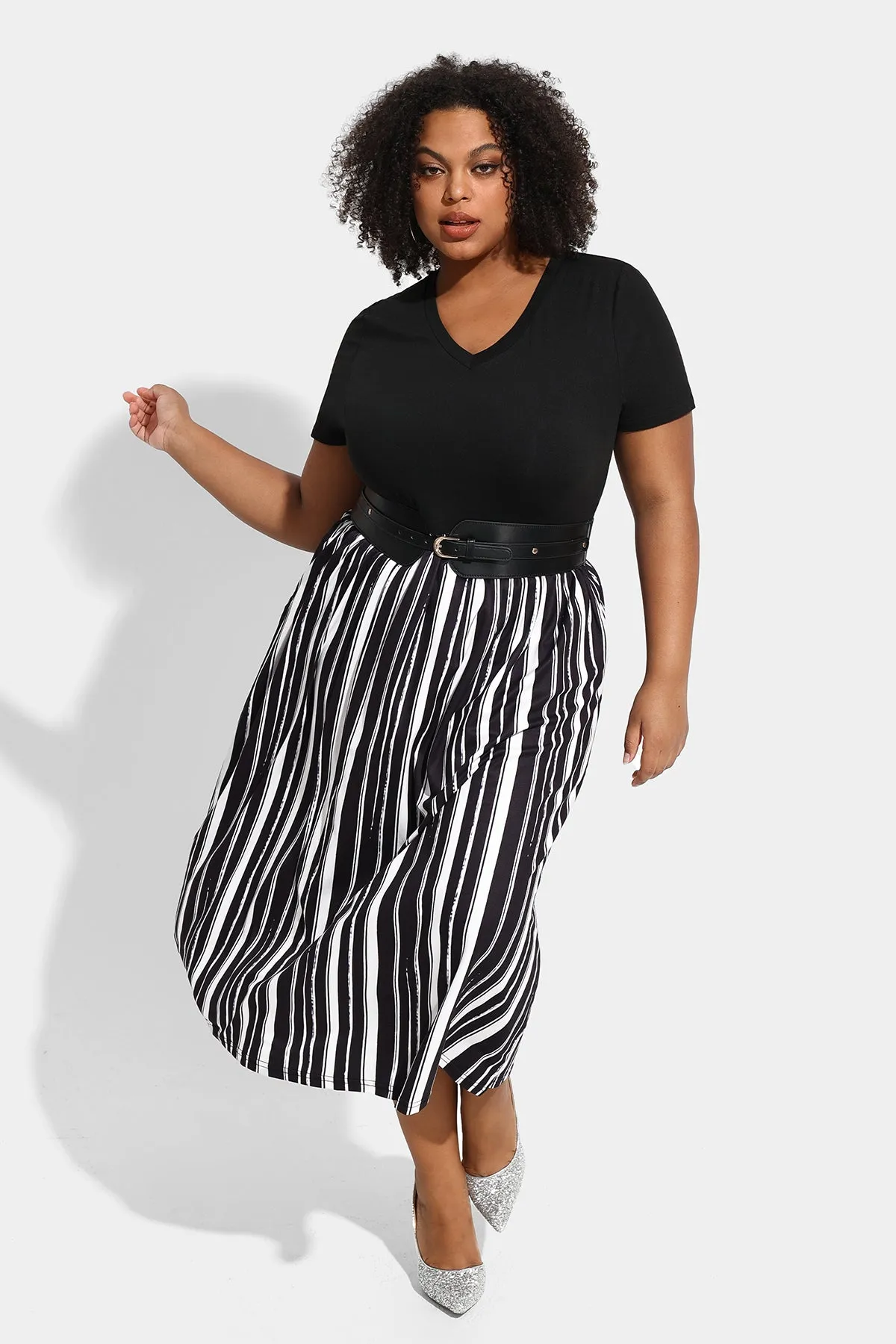 Pocket Patchwork Striped V Neck Midi Dress