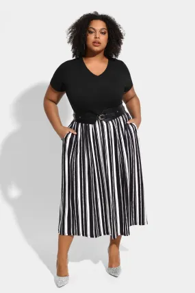 Pocket Patchwork Striped V Neck Midi Dress