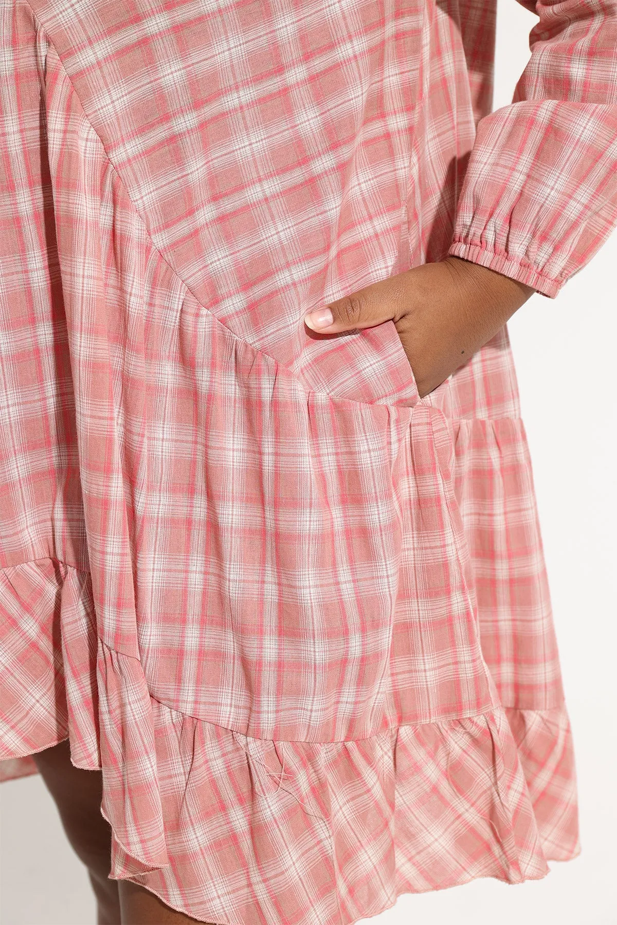 Pocket Plaid Ruffle Hem Pleated Smock Dress