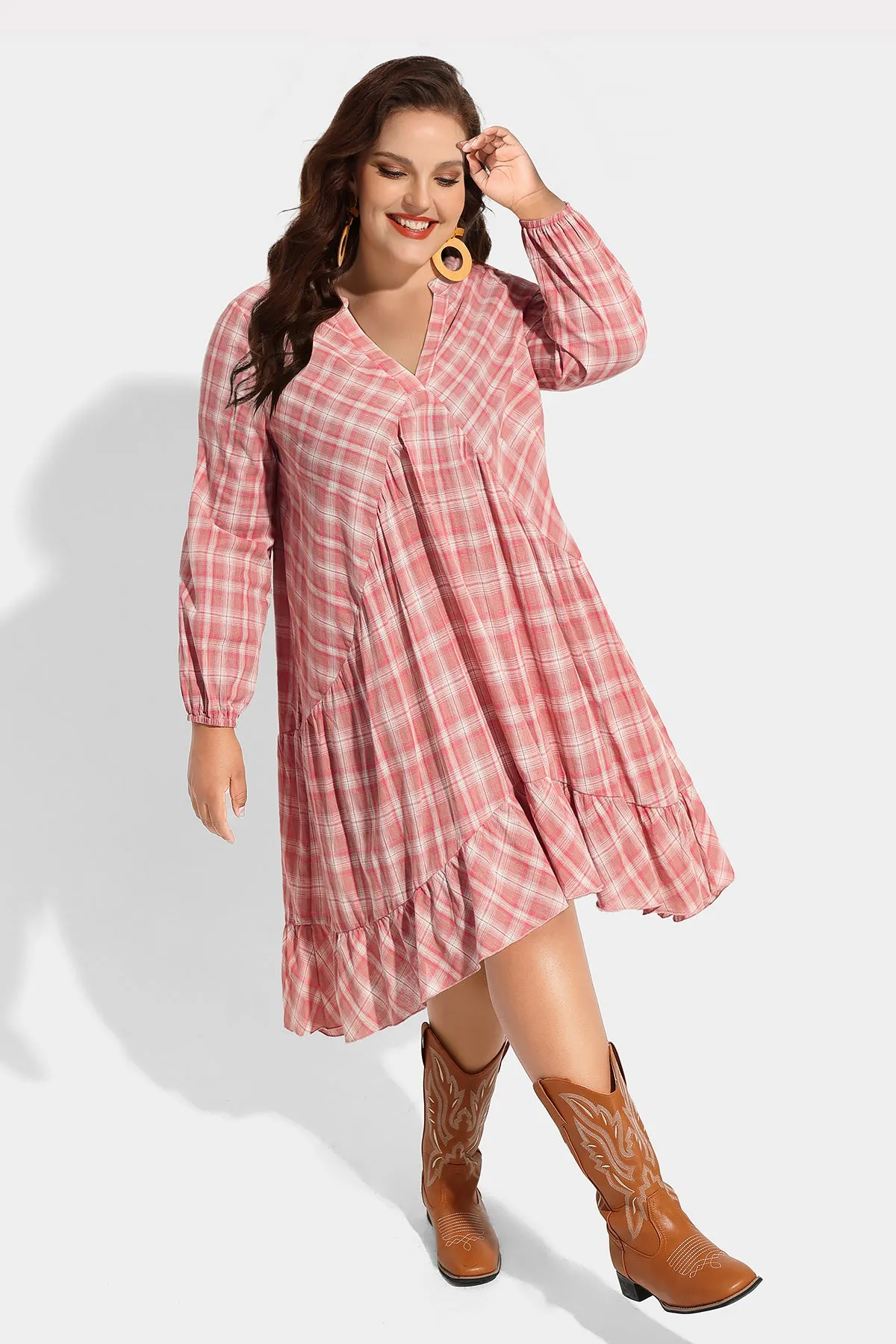 Pocket Plaid Ruffle Hem Pleated Smock Dress