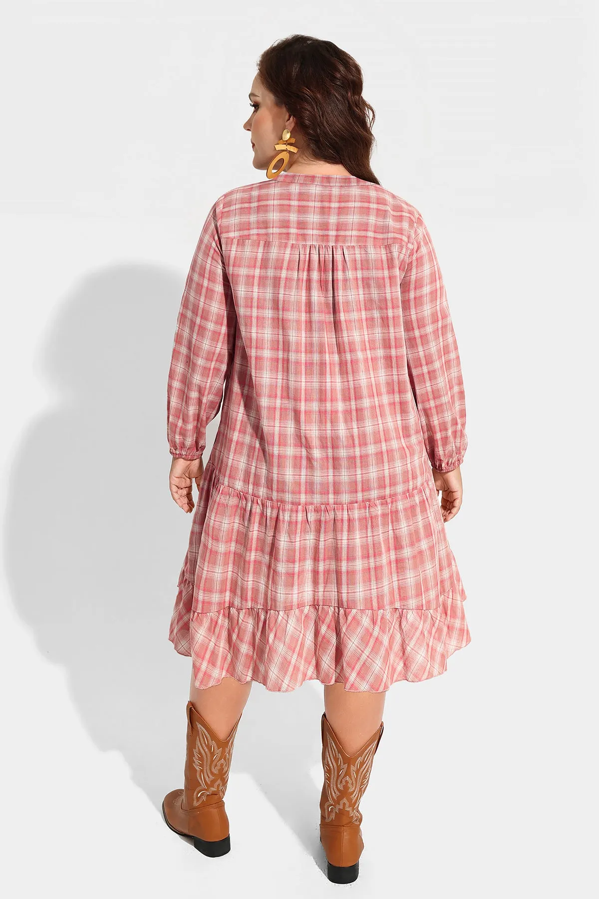 Pocket Plaid Ruffle Hem Pleated Smock Dress