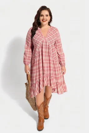 Pocket Plaid Ruffle Hem Pleated Smock Dress