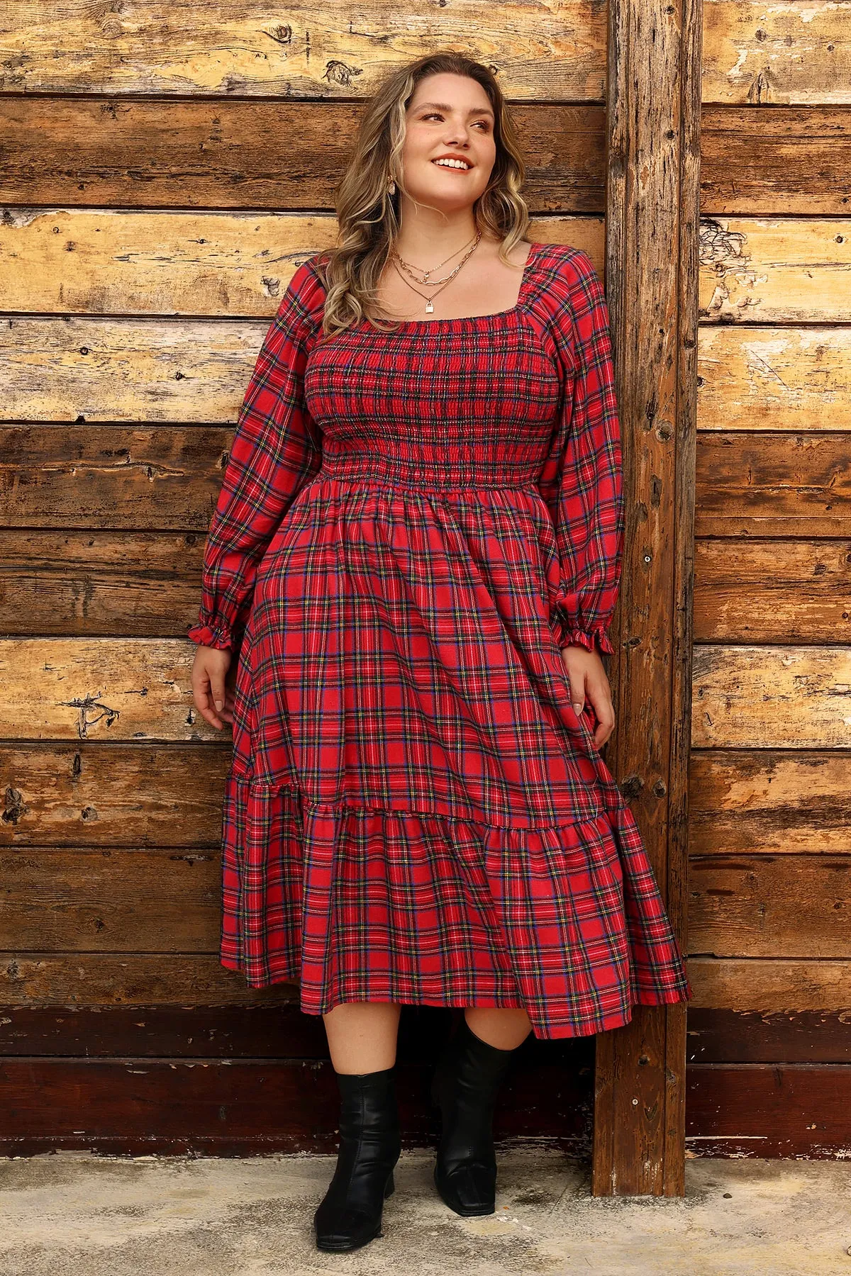 Pocket Plaid Square Neck Shirred Midi Dress