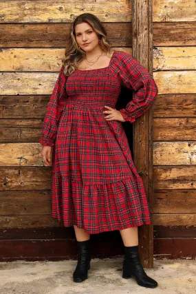 Pocket Plaid Square Neck Shirred Midi Dress