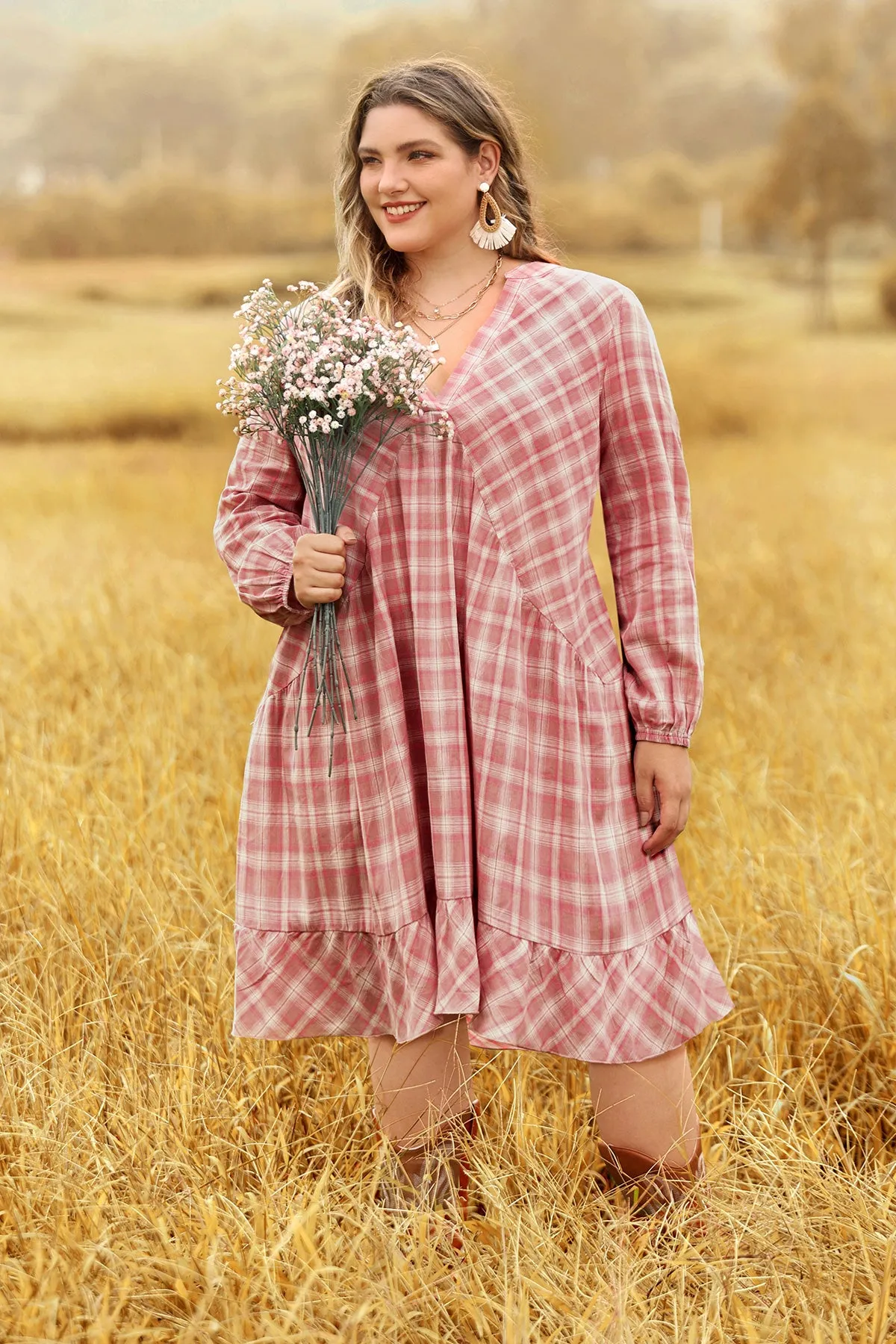 Pocket Plaid V Neck Pleated Midi Dress