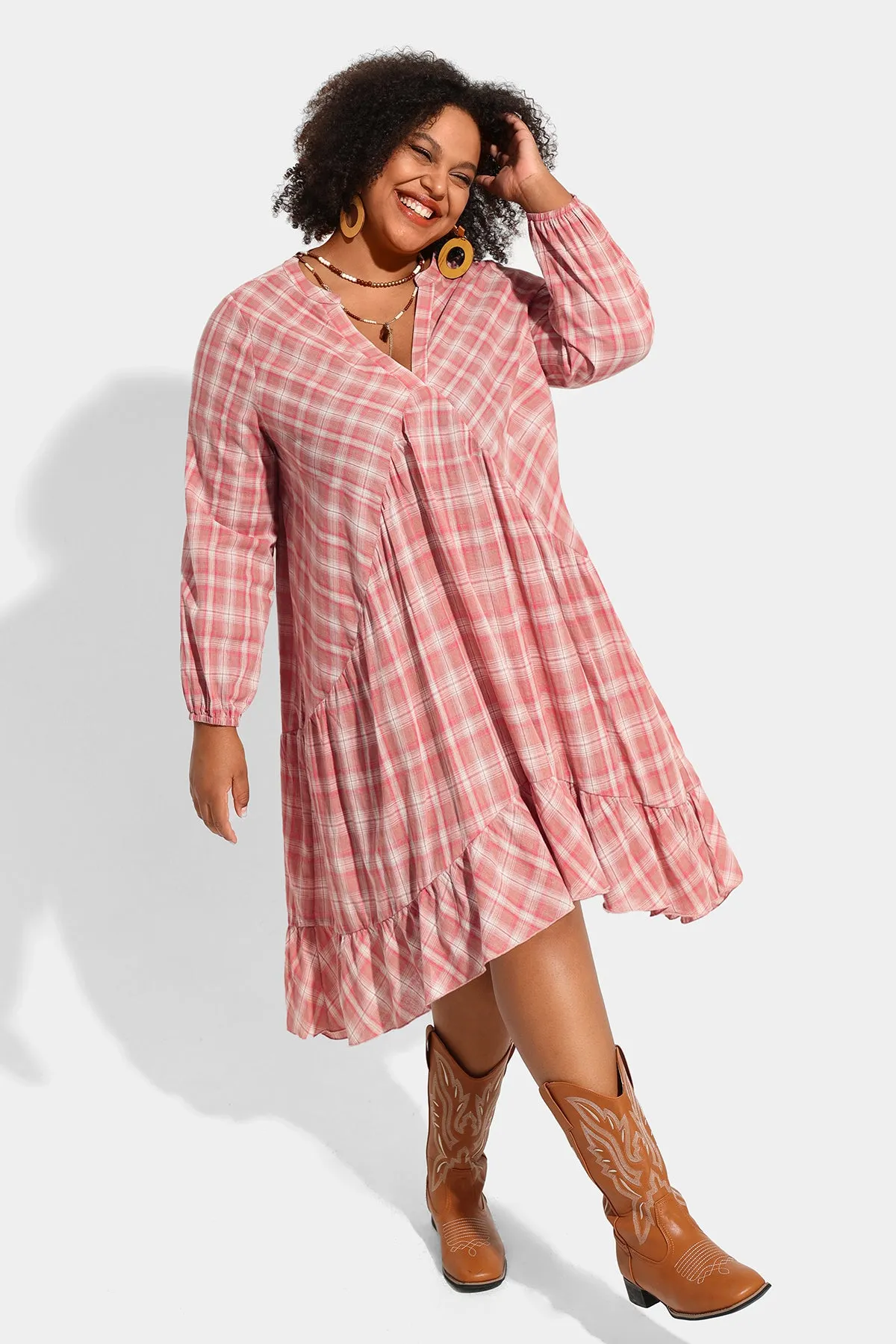 Pocket Plaid V Neck Ruffle Hem Midi Dress