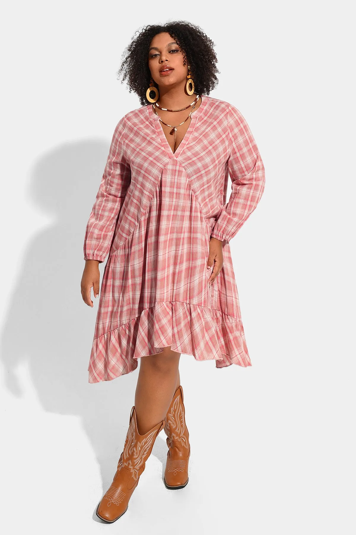 Pocket Plaid V Neck Ruffle Hem Midi Dress