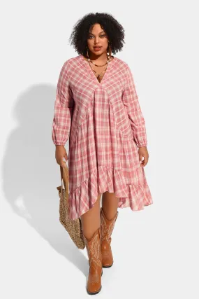 Pocket Plaid V Neck Ruffle Hem Midi Dress