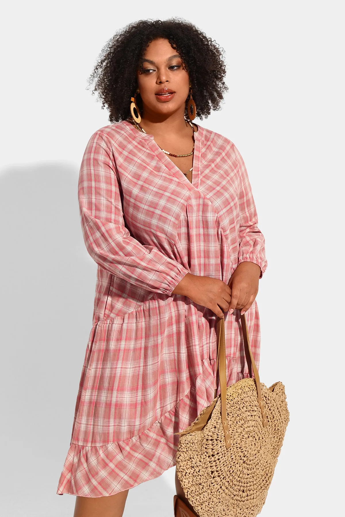 Pocket Plaid V Neck Ruffle Hem Midi Dress