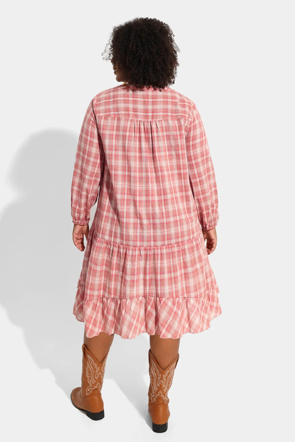 Pocket Plaid V Neck Ruffle Hem Midi Dress