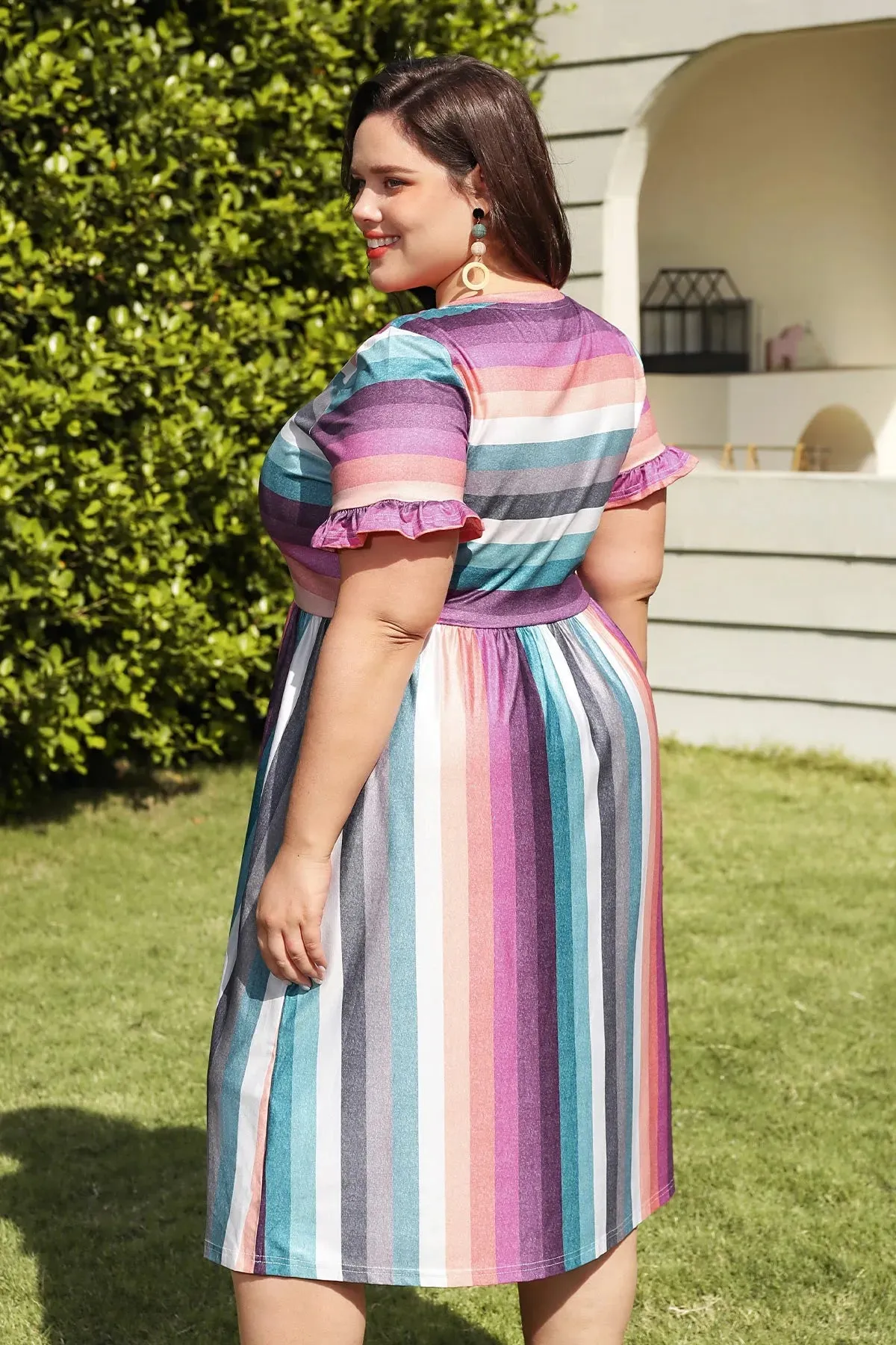 Pocket Rainbow Stripe Ruffle Sleeve Midi Dress