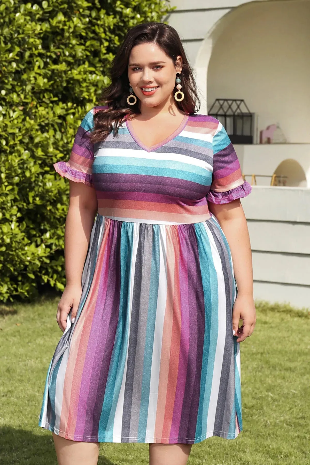 Pocket Rainbow Stripe Ruffle Sleeve Midi Dress