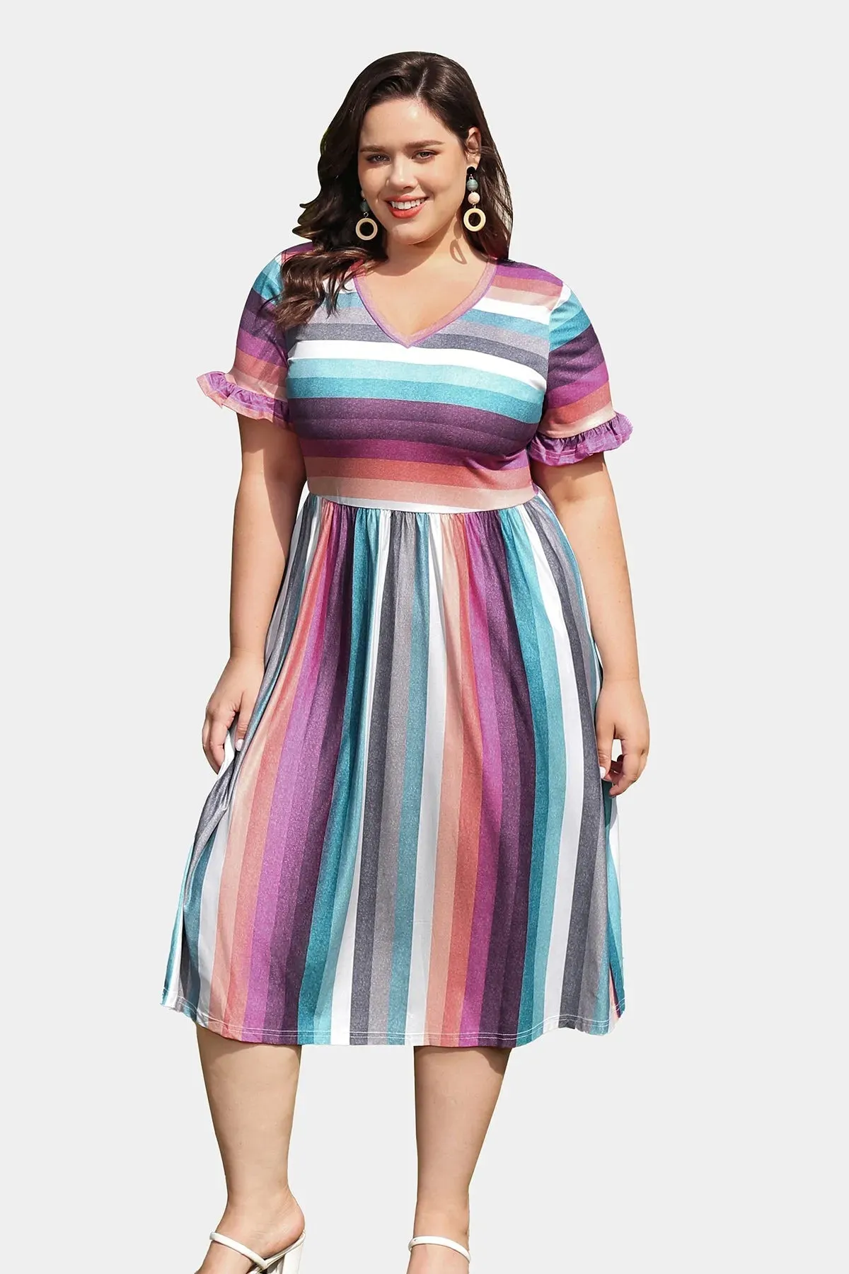 Pocket Rainbow Stripe Ruffle Sleeve Midi Dress