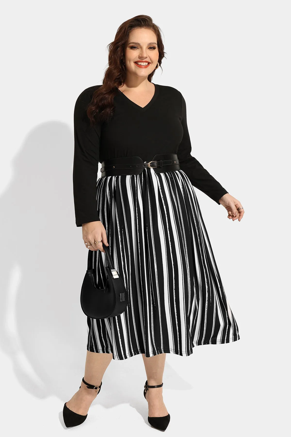 Pocket Striped Contrast V Neck Midi Dress