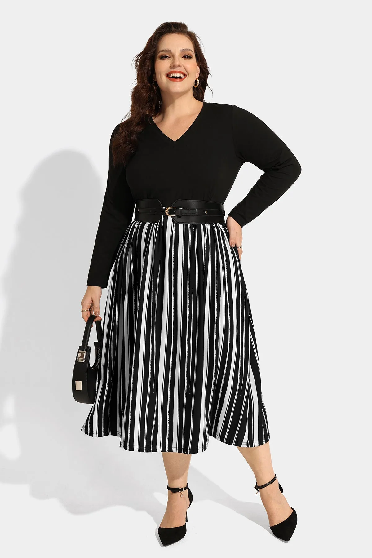 Pocket Striped Contrast V Neck Midi Dress