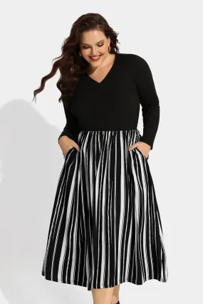 Pocket Striped Contrast V Neck Midi Dress