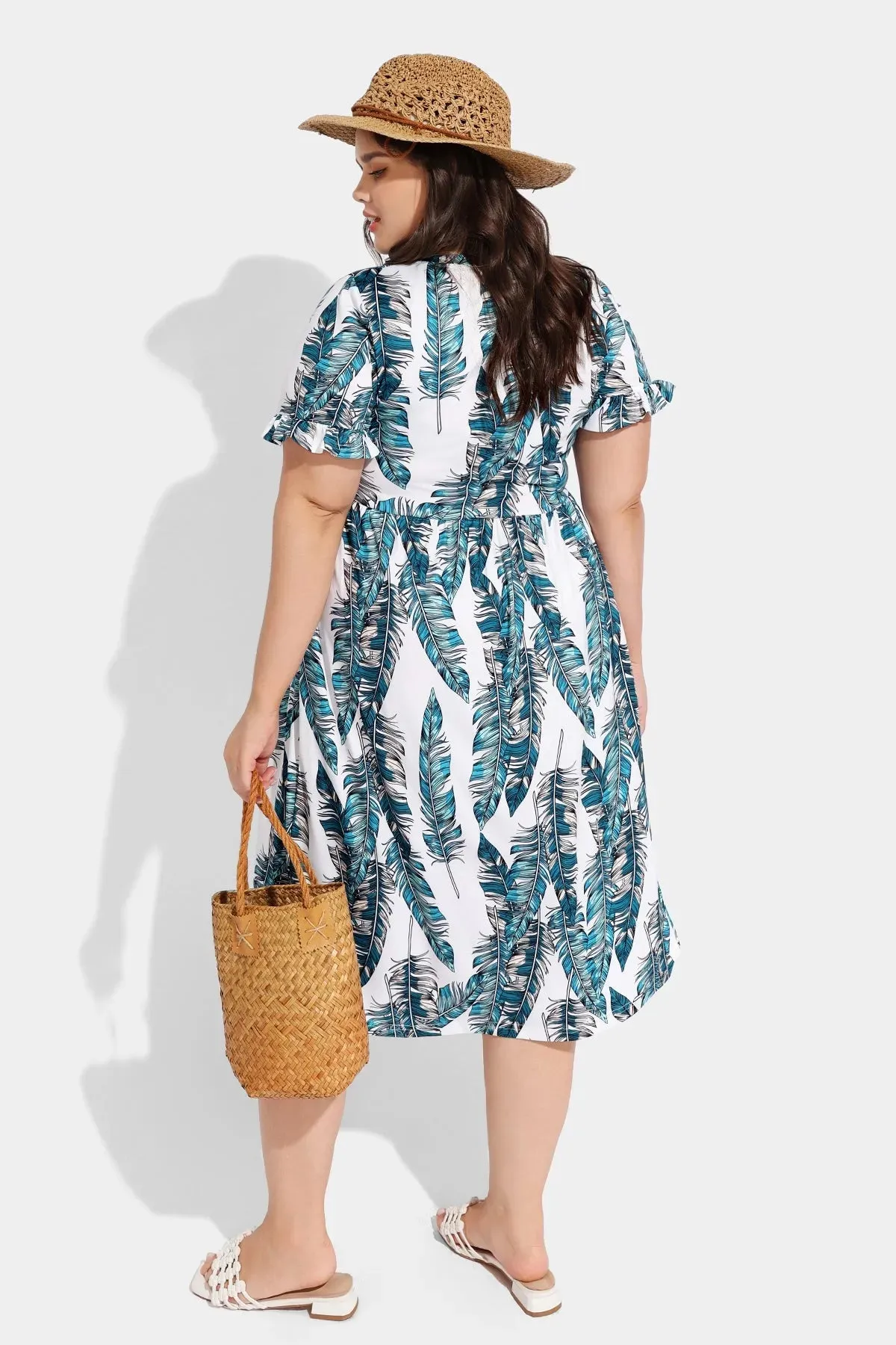 Pocket Tropical Print Ruffle Sleeve V neck Midi Dress