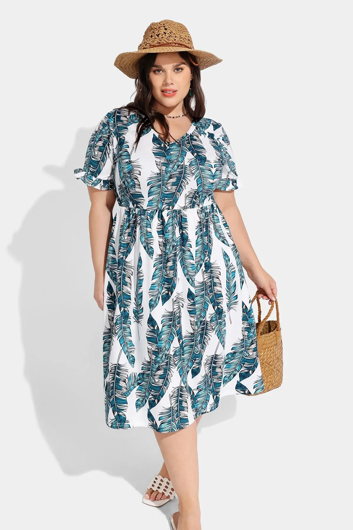 Pocket Tropical Print Ruffle Sleeve V neck Midi Dress