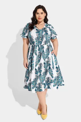 Pocket Tropical Print Ruffle Sleeve V neck Midi Dress