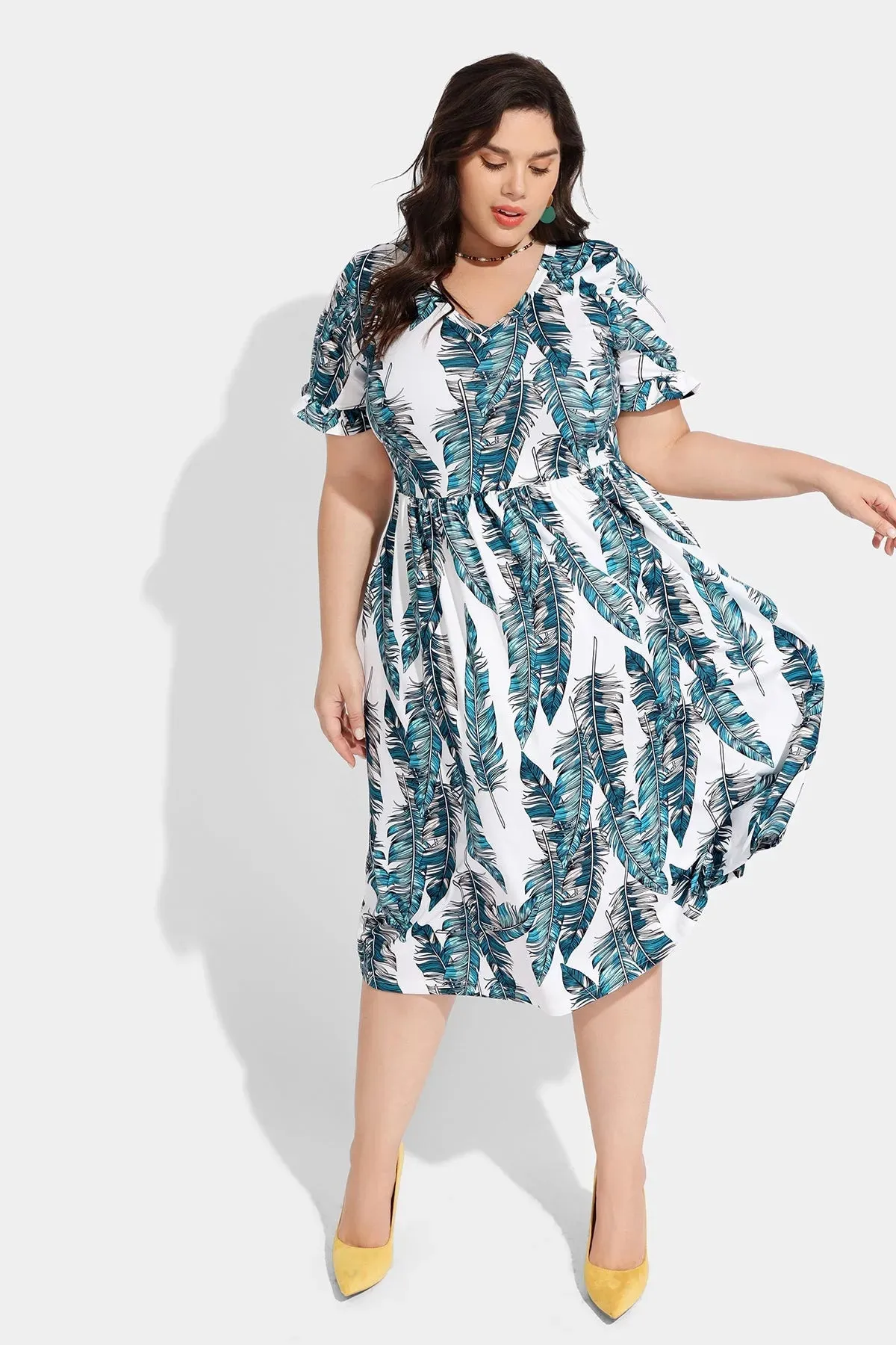 Pocket Tropical Print Ruffle Sleeve V neck Midi Dress