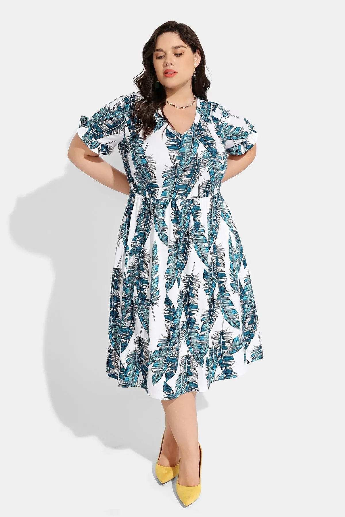 Pocket Tropical Print Ruffle Sleeve V neck Midi Dress