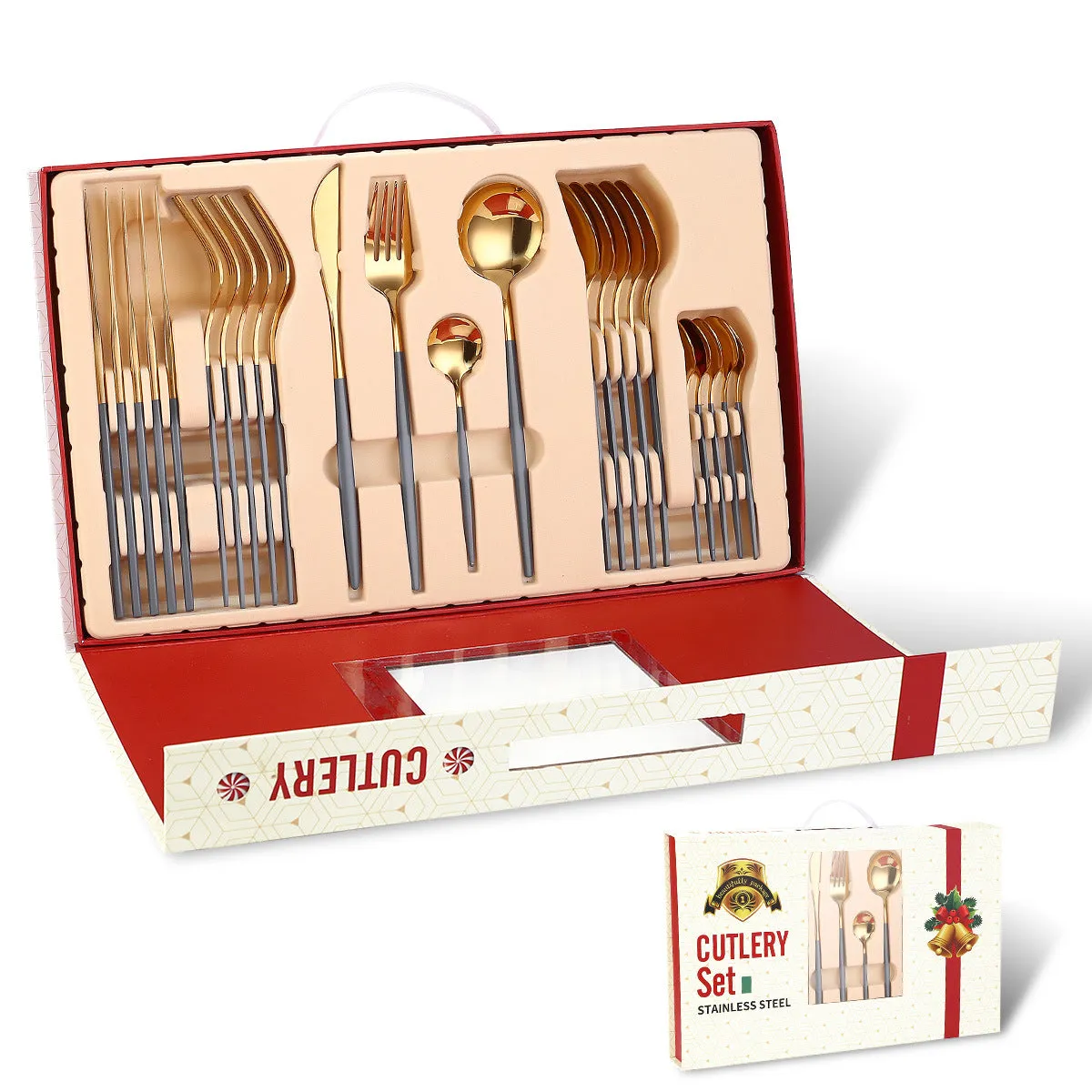 Portugal Stainless Steel Knife, Fork and Spoon Gold-Plated Spray Paint 24 Pieces Gift Set Tableware Christmas