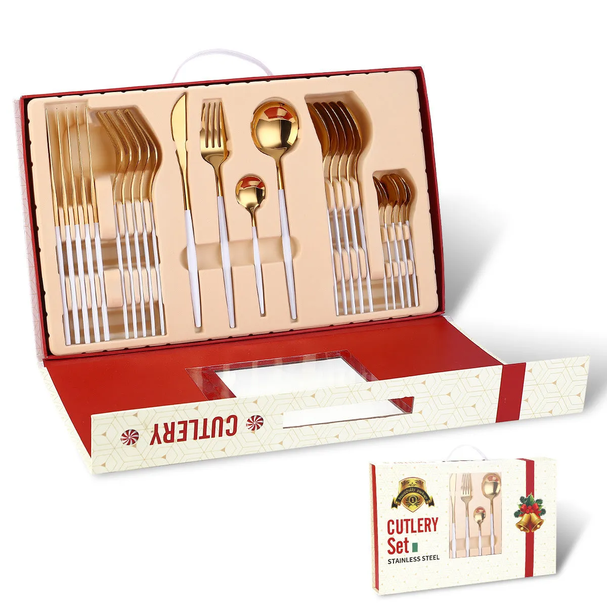 Portugal Stainless Steel Knife, Fork and Spoon Gold-Plated Spray Paint 24 Pieces Gift Set Tableware Christmas