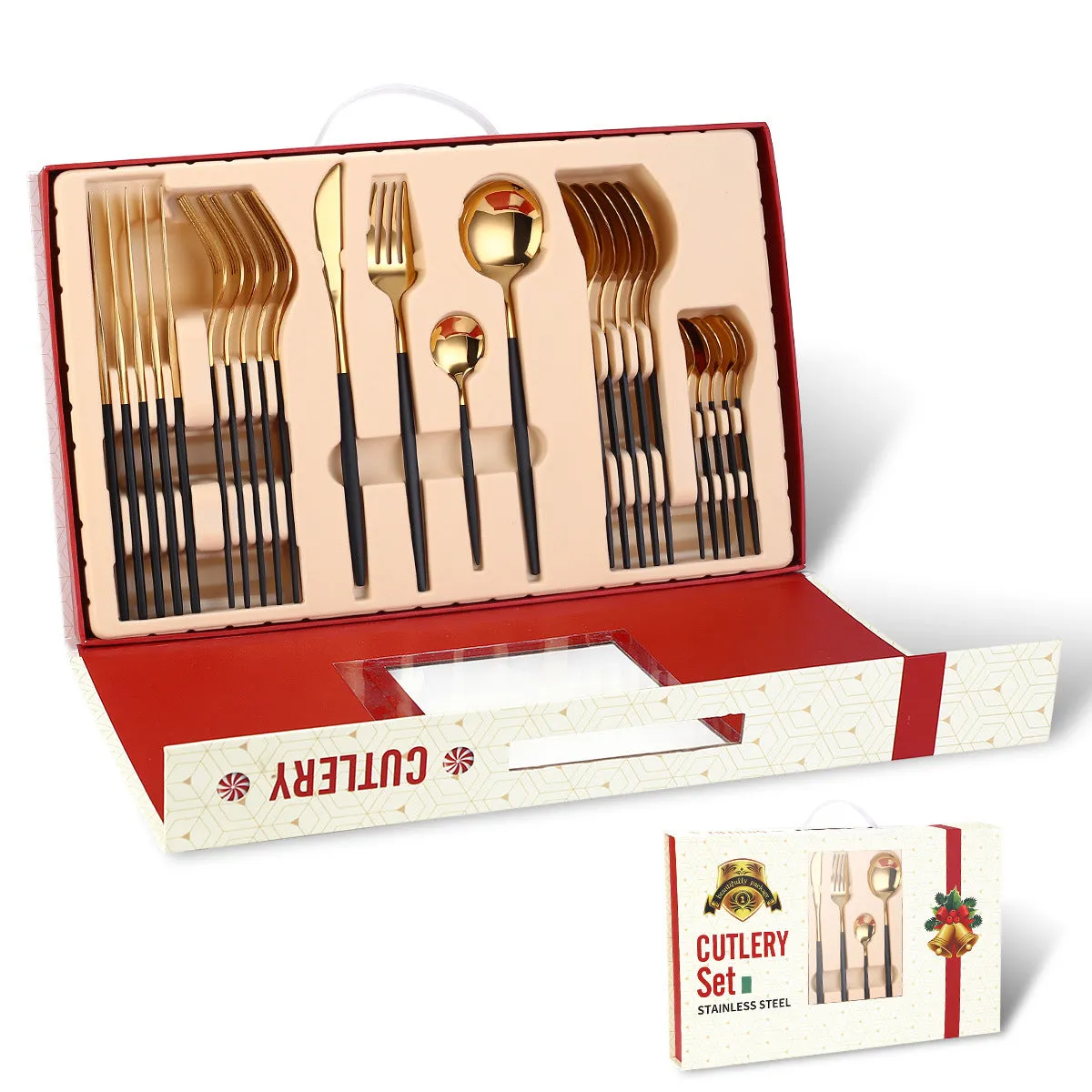 Portugal Stainless Steel Knife, Fork and Spoon Gold-Plated Spray Paint 24 Pieces Gift Set Tableware Christmas