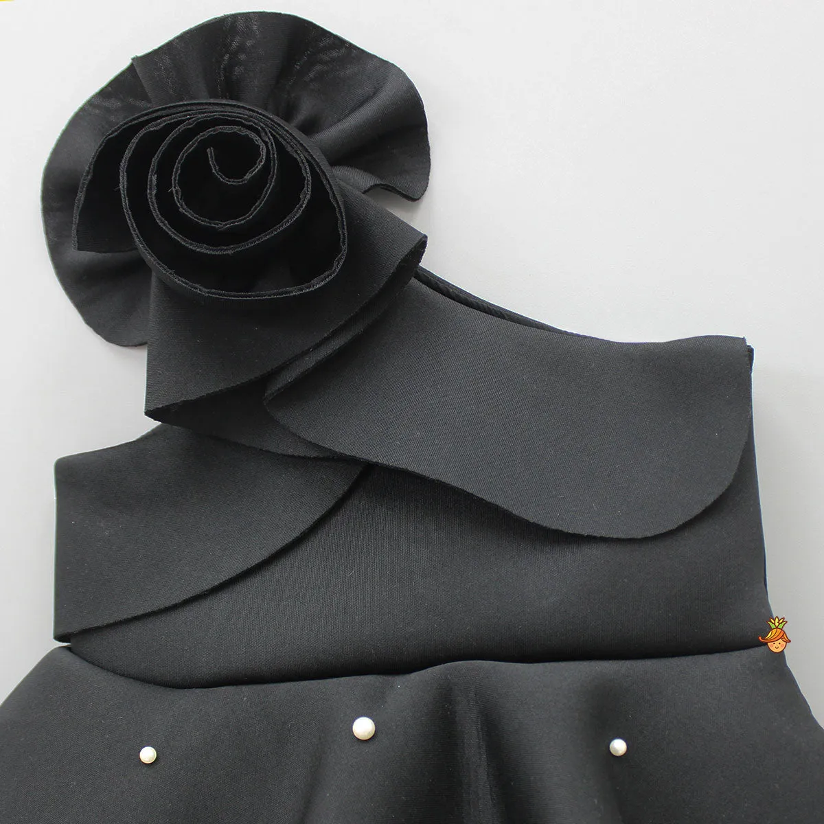 Pre Order: Exquisite Pearls And Rose Embellished Frilly Black Scuba Dress