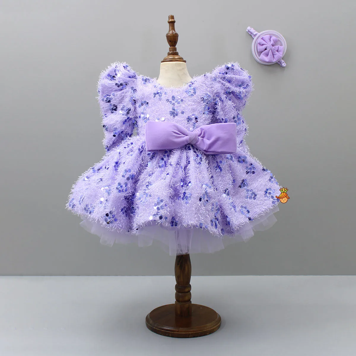 Pre Order: Stylish Sleeves Exquisite Lavender Fur Dress With Head Band