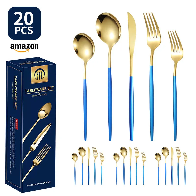 Product Stainless Steel Tableware 20-Piece Set Gold Plated Portugal Knife, Fork and Spoon