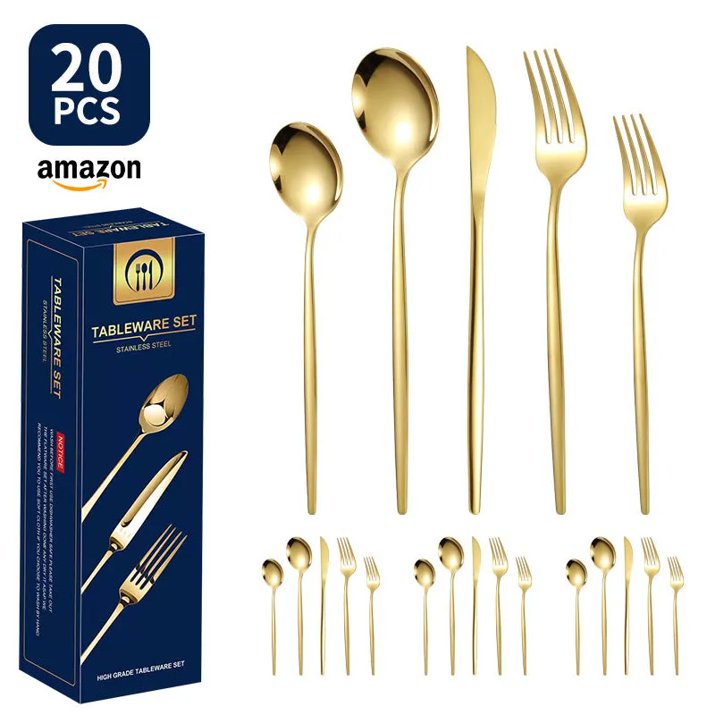 Product Stainless Steel Tableware 20-Piece Set Gold Plated Portugal Knife, Fork and Spoon