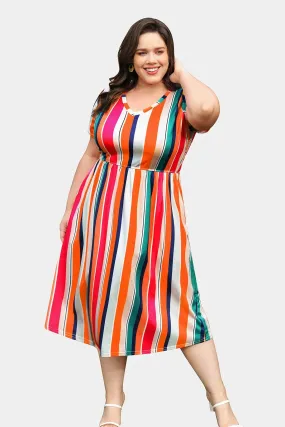 Rainbow Stripe Elastic Waist Supersoft Midi Dress