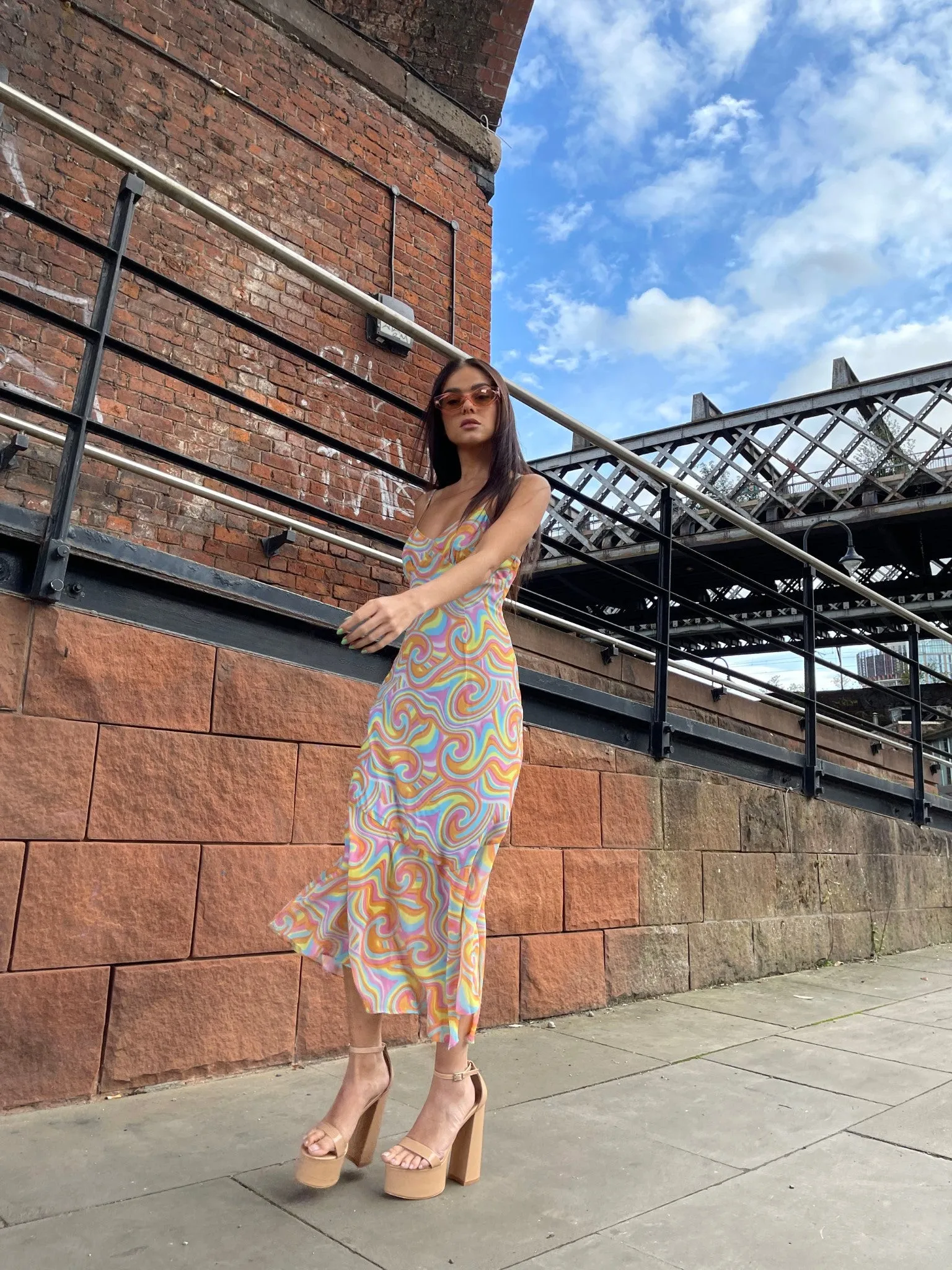 Rainbow Swirl Asymmetric Hanky Hem Midi-dress