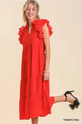 Red Ruffle Sleeve Midi Dress