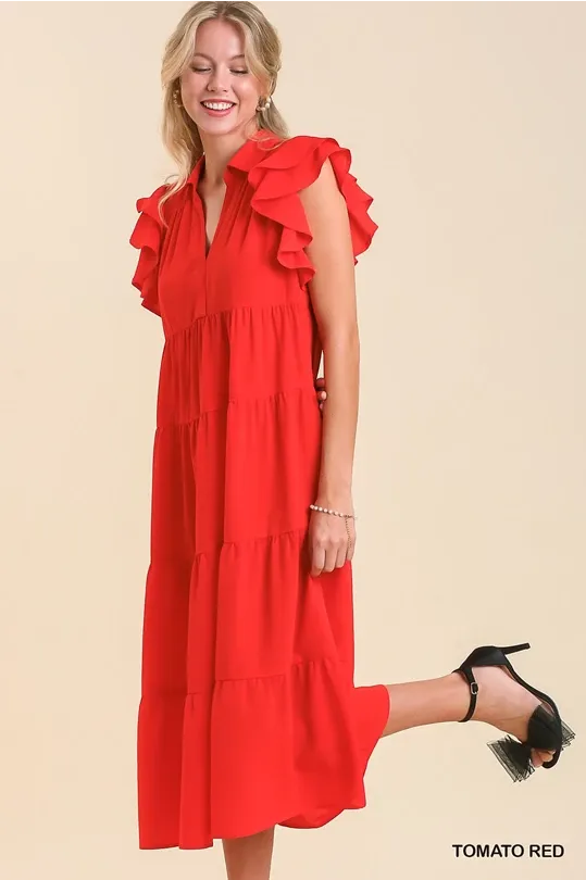 Red Ruffle Sleeve Midi Dress