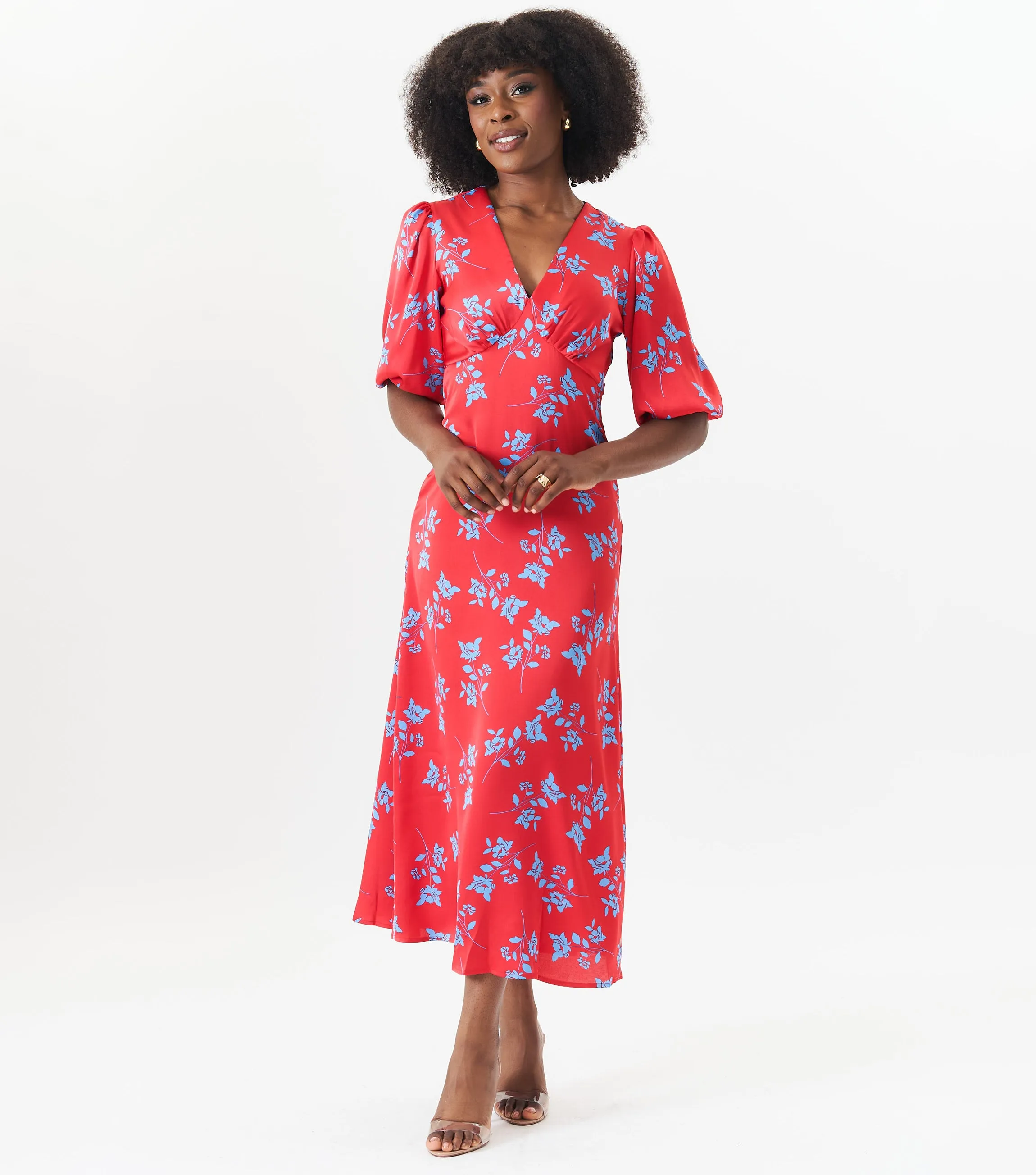 Red Stencil Floral Midi Dress