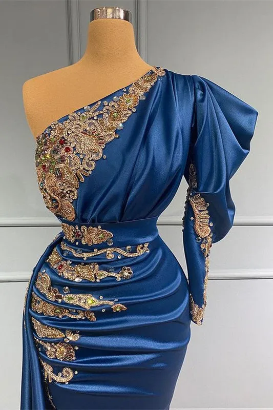 Regal Sapphire One-Shoulder Mermaid Prom Gown with Exquisite Beadwork