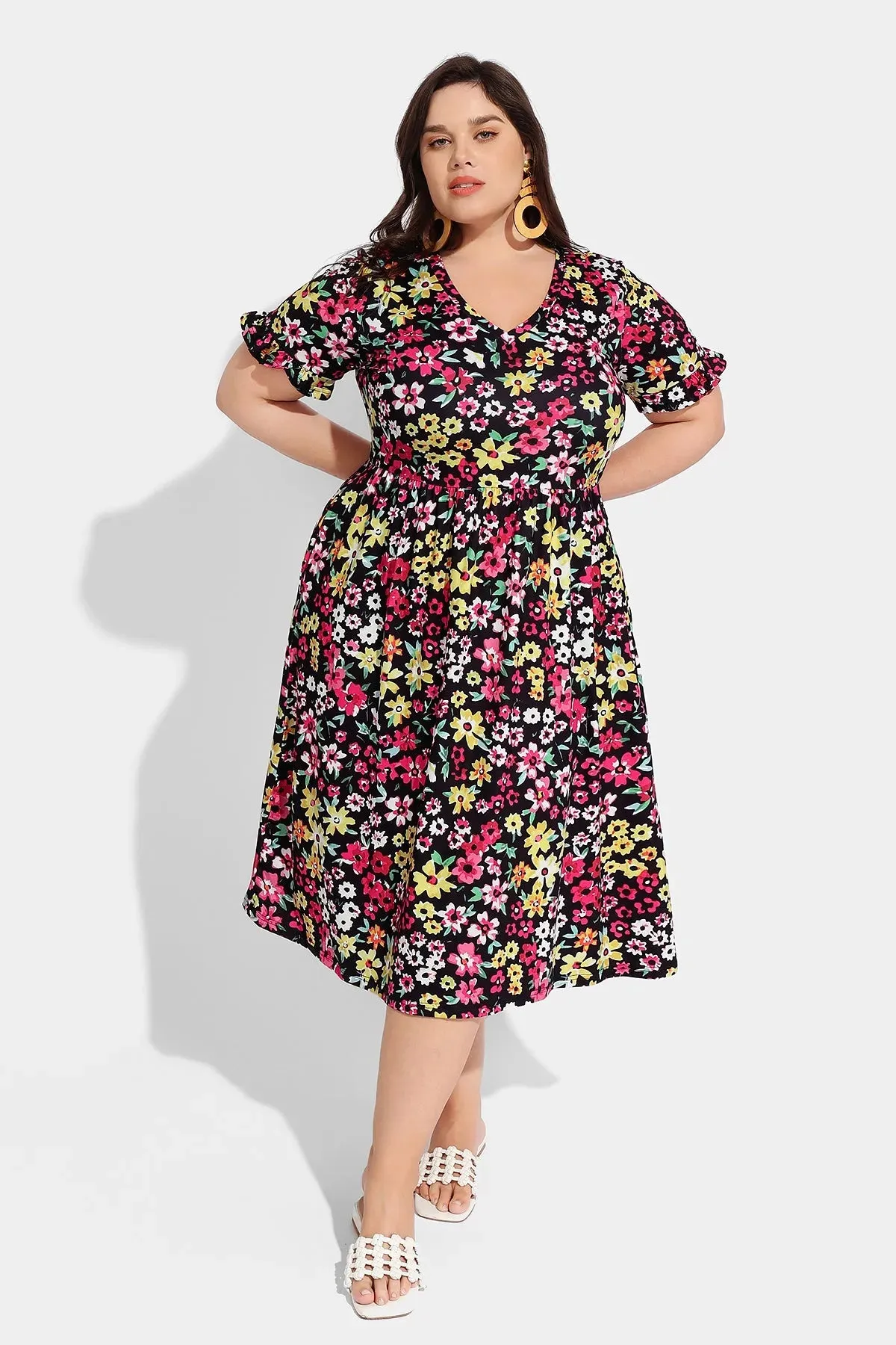 Ritera Allover Floral Supersoft Ruffle Sleeve Midi Dress