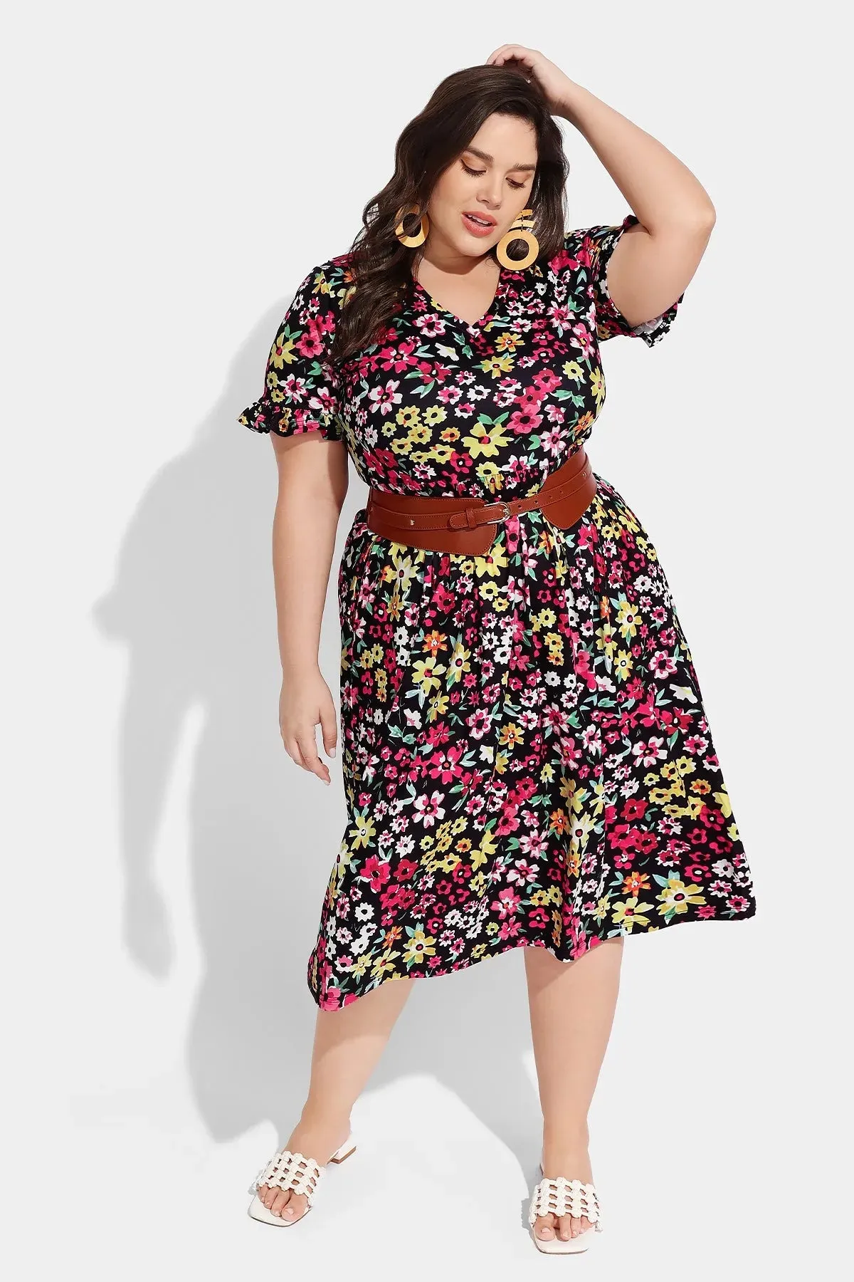 Ritera Allover Floral Supersoft Ruffle Sleeve Midi Dress