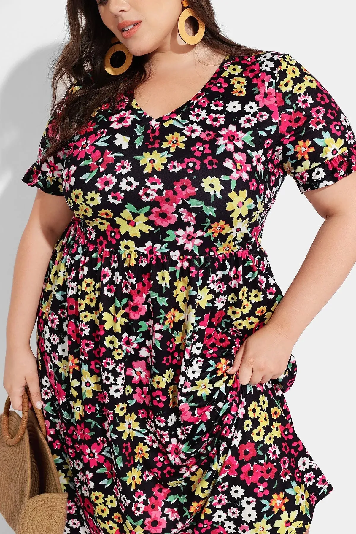 Ritera Allover Floral Supersoft Ruffle Sleeve Midi Dress