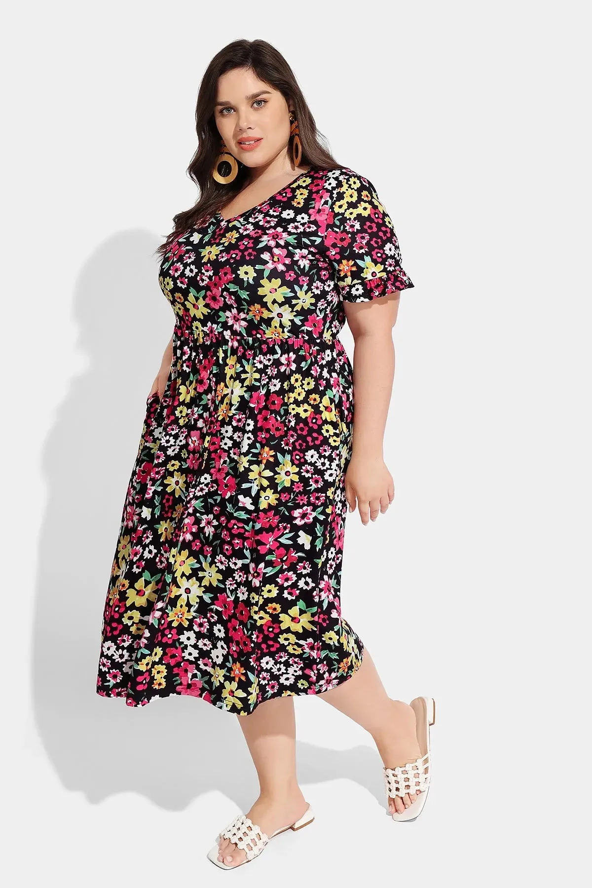 Ritera Allover Floral Supersoft Ruffle Sleeve Midi Dress